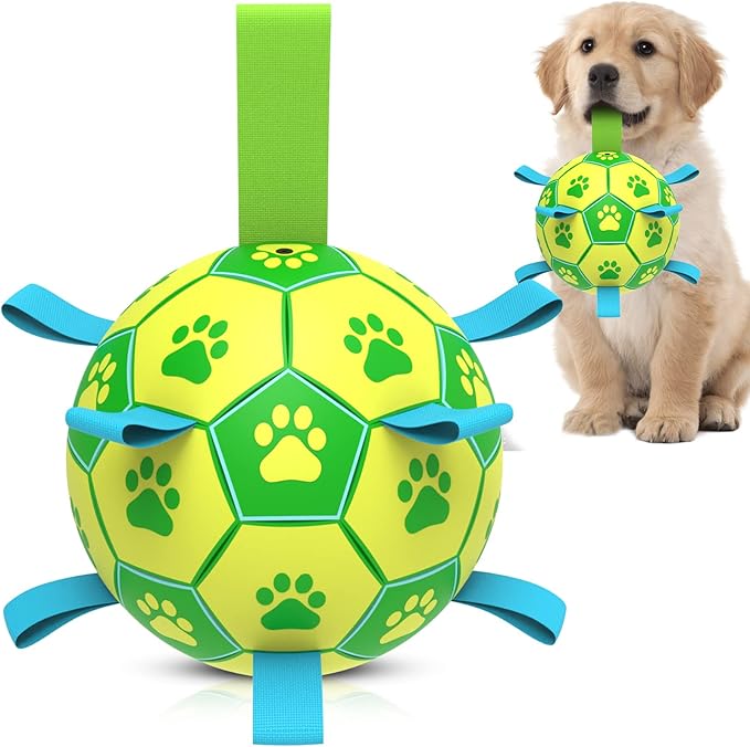 QDAN Dog Toys Soccer Ball, Dog Tug Toy, Water Toy, Durable Balls for Small Medium Dogs-Green Yellow(6 inch)