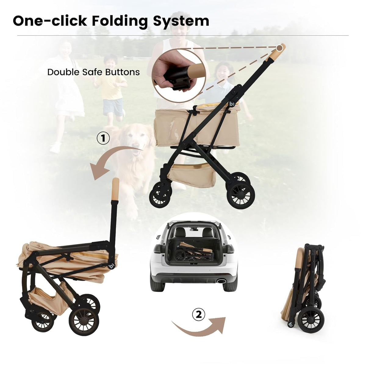 Lightweight Dog Stroller Portable Compact Folded Pet Stroller for Small/Medium Dogs & Cats Up to 35lbs One Click Folding Large Cat Carriage with Adjustable Canopy Storage Basket- Khaki