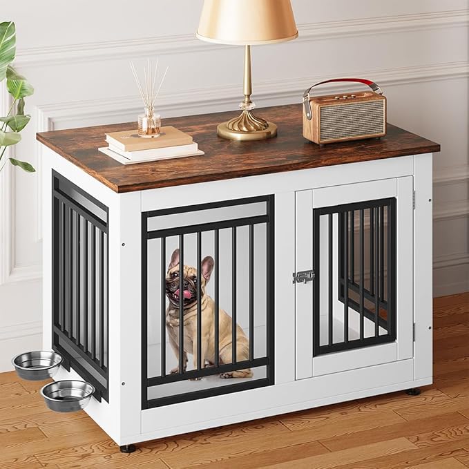 YITAHOME 35" Dog Crate Furniture, Wooden Side End Table with Adjustable Feet and Removable Bowls, Dog Kennel Indoor for Small Medium DogsV
