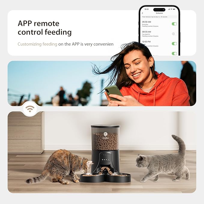 Automatic Cat Feeder for 2 Cats: Cat auto 2.4G WiFi - Timed Smart App Control 1-10 Meals| Automatic Pet Feeder for Cats and Small Dog Indoor- Dual Power& Detachable Clean