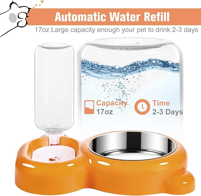 Dog Bowls, Cat Food and Water Bowl Set with Water Dispenser and Stainless Steel Bowl for Cats and Small Dogs - Orange