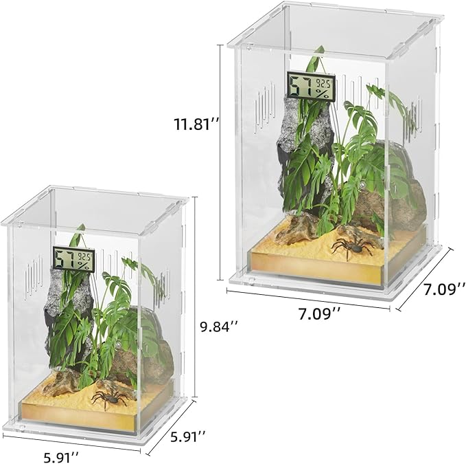 Reptile Terrariums, with Temperature Hygrometer, 7.1"x7.1"x11.8" Acrylic Reptiles Breeding Box Terrarium Cage Tank for Small Reptile Insect Home Office (Arboreal Large)