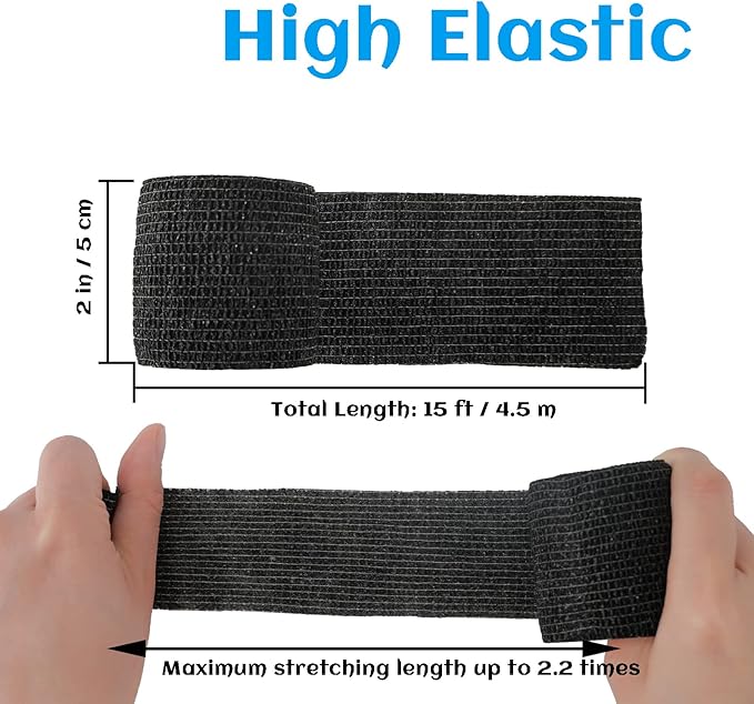 24 Rolls Black Elastic Self Adhesive Bandage Wrap, Breathable Flexible Fabric Non Woven Cohesive Bandage, Ankle Sprains Swelling Medical First Aid Sports Athletic Tape, Dogs Pet Vet Wrap 2 in