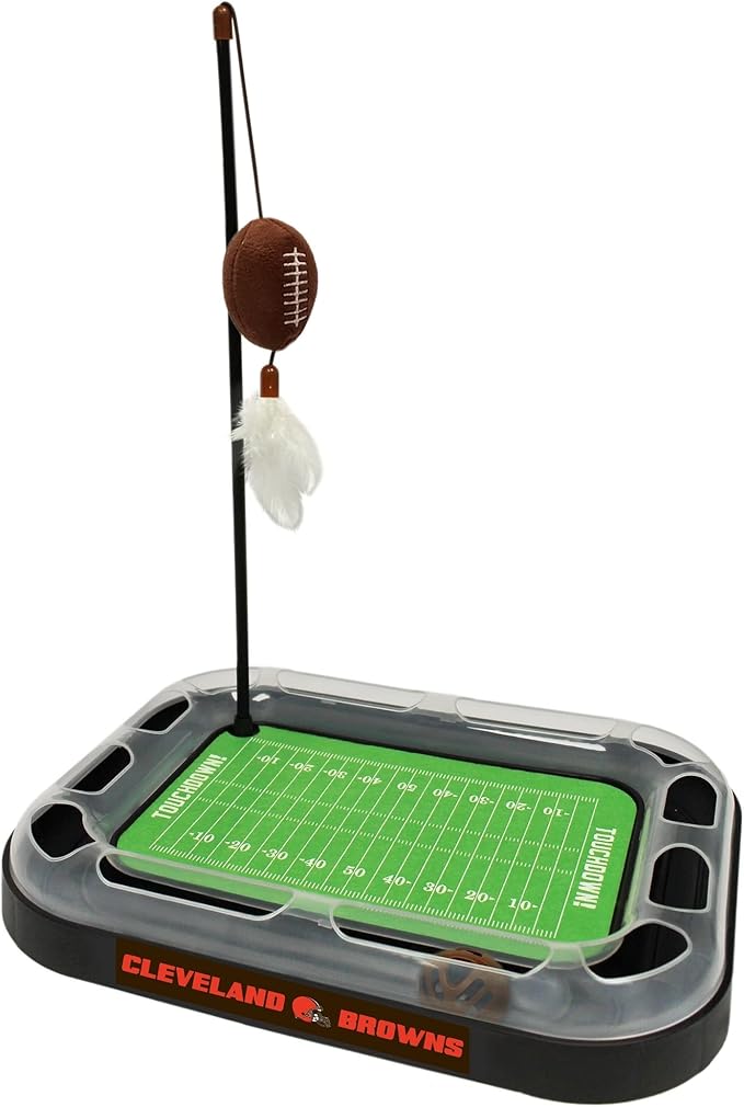 Pets First Cat Toy NFL CLEVELAND BROWNS FOOTBALL FIELD CAT SCRATCHER TOY with CATNIP Filled Plush FOOTBALL Toy & Feather Cat Toy hanging, with Jingle Bell INTERACTIVE BALL Cat Chasing 5-in-1 KITTY Toy