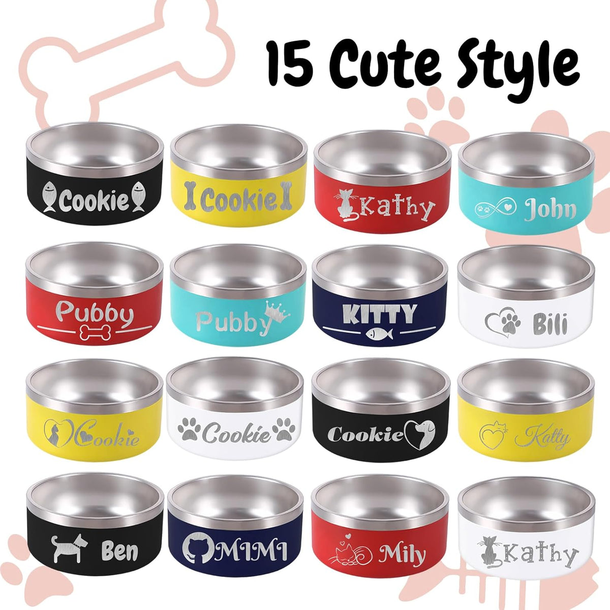 Personalized Dog Bowl Laser Engraved Custom Pet Name 18/32/42/64 oz No Slip Stainless Steel Insulated Bite-Resistant Food Water Dishes-Pink
