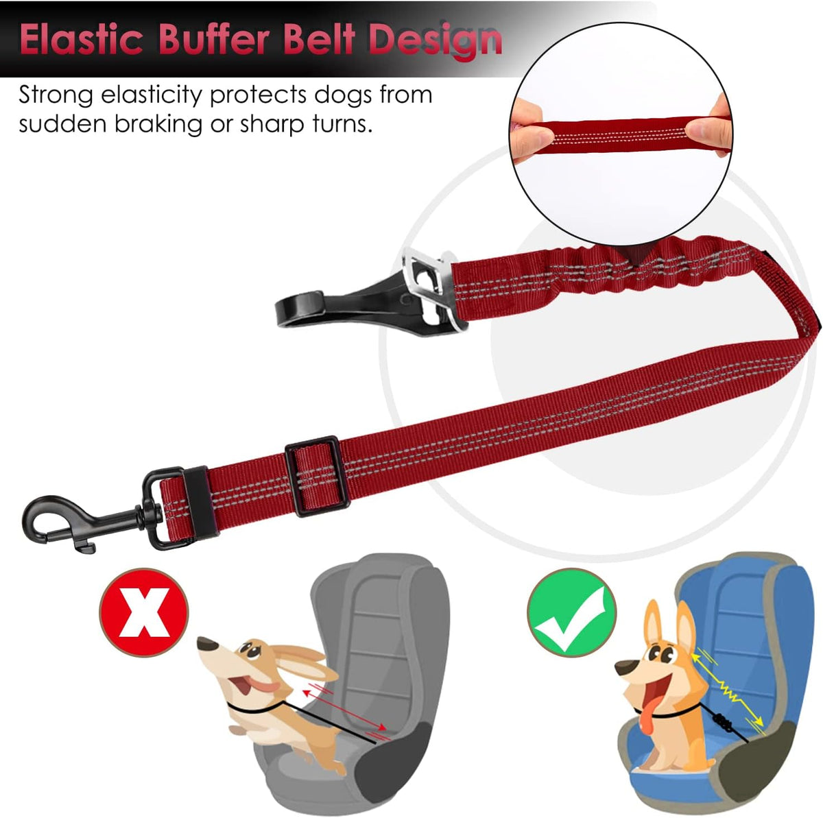 SlowTon Dog Seat Belt, Adjustable Dog Safety Belt Leash, 2 in 1 Latch Bar Attachment Dog Car Seatbelt with Elastic Nylon Bungee Buffer, Reflective Nylon Belt Tether(Red 35.5in)
