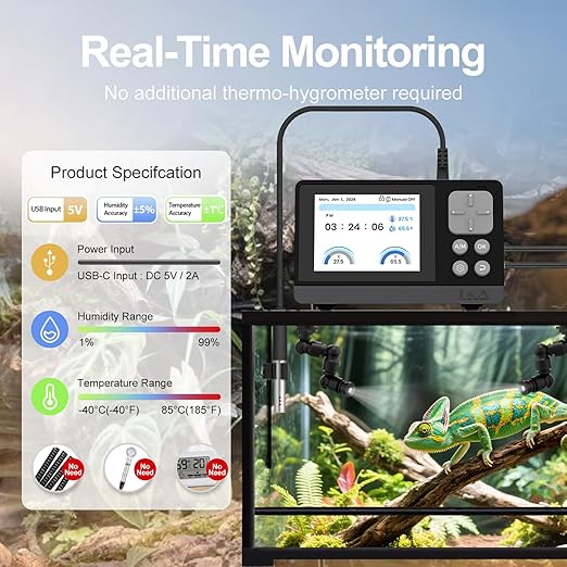 J&A Smart Reptile Mister, Automatic Misting System for Tanks - Programable Timer with Temperature/Humidity Probe, Ideal for Reptile Habitat (Black)