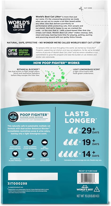 WORLD'S BEST CAT LITTER Poop Fighter Maximum Odor Defense, 15-Pounds - Natural Ingredients, Quick Clumping, Flushable, 99% Dust Free & Made in USA - Long-Lasting Odor Control & Easy Scooping