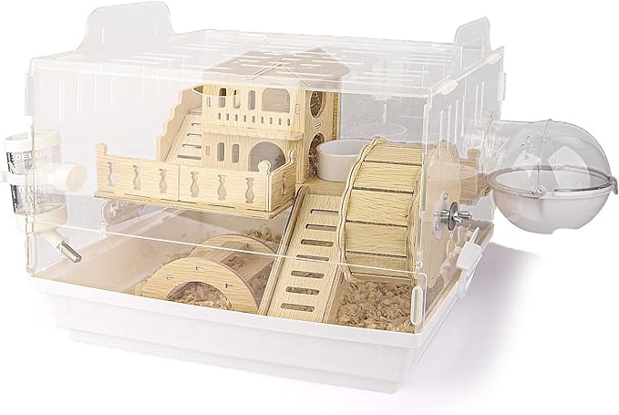 Cycodo 8 in 1 Acrylic Hamster Cage,2-Tier Dwarf Hamster Cage with Wooden Wheel & Hideout,Small Hamster Habitat with Accessories,Clear Pet Mice House(White,14" L*10" W*11" H)