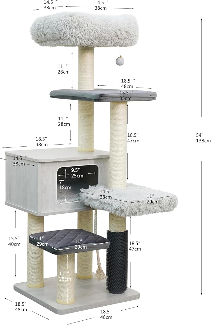Catry Kasio 6 Level 54" High Modern Cat Tree with Laminated Wood Condo,Replaceable Scratching Posts,Removeable Washable Beds, Self Grooming Brush and Toys.(Light Gray)