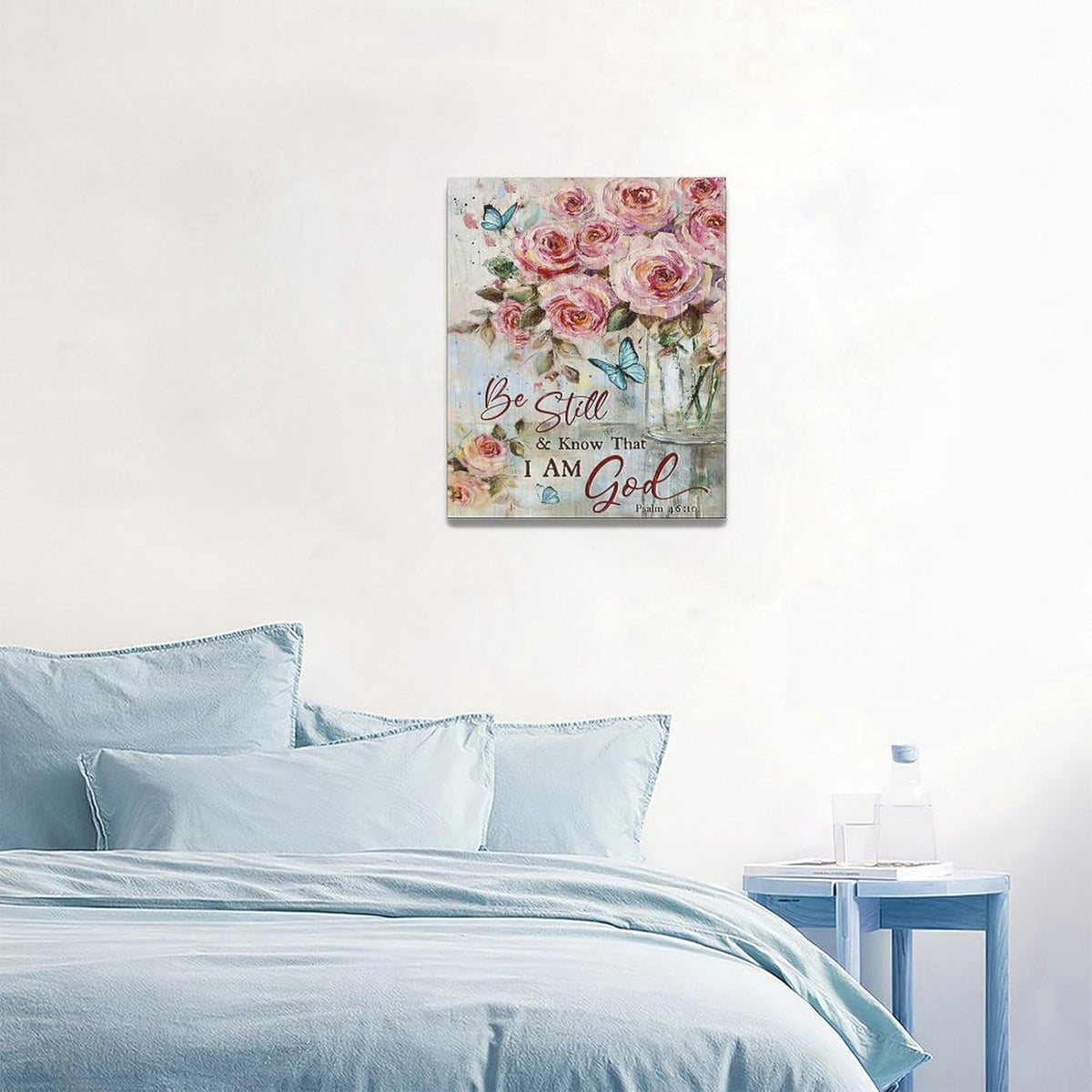 Farmhouse Rose Wall Art Christian Scripture Pictures Pink Rose Wall Decor Rustic Floral Butterfly Canvas Print Painting Artwork for Bathroom Living Room Bedroom 16"x20"