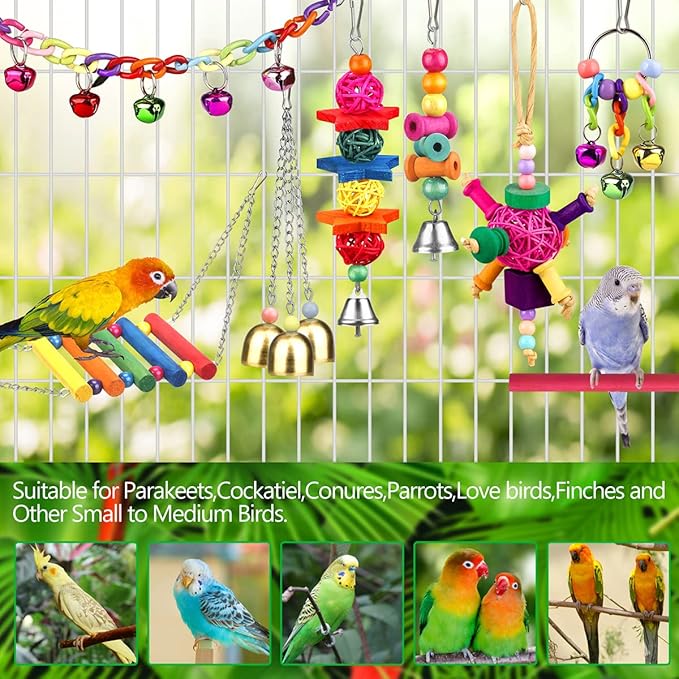Bird Toys for Conures with Colorful Ladder Hammock Bird Cage Accerious Bird Perch Stand Chewing Toys Hanging Bell for Parrot Parakeet Cockatiel Lovebirds