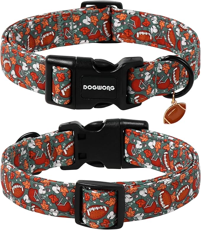 DOGWONG Fall Dog Collar, Rugby Maple Leaf Dog Collar Adjustable Soft Cute Pumpkin Dog Collars Cute Fall Puppy Necklace for Small Medium Large Dogs