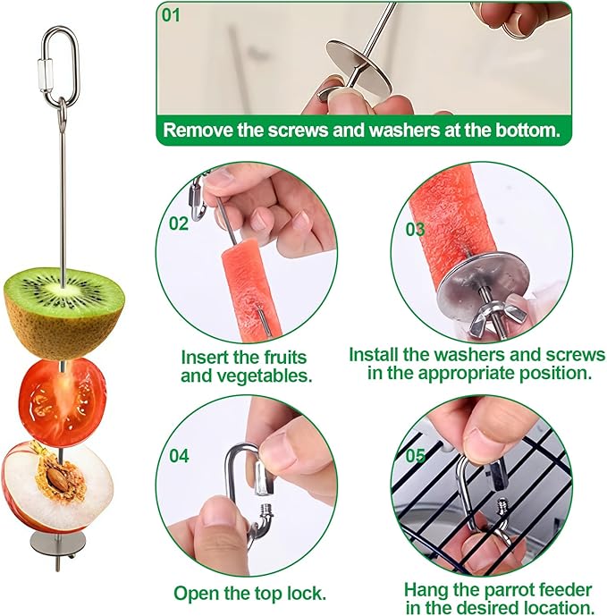 3 Pcs Bird Cage Food Holder Stainless Steel Parrot Fruit & Vegetable Skewer Hanging Foraging Toy for Parakeets, Budgies, Macaws