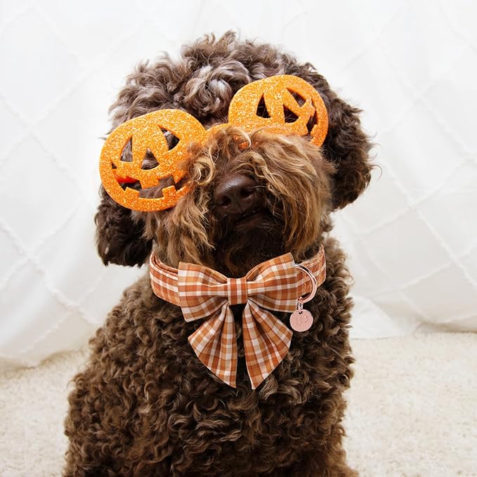 Fall Plaid Dog Collar and Bow Tie Set – Brown Orange Checkered Adjustable Collar with Maple Leaf Charm for Small Medium Large Dogs, Soft Cotton Puppy Collar with Quick Release Buckle