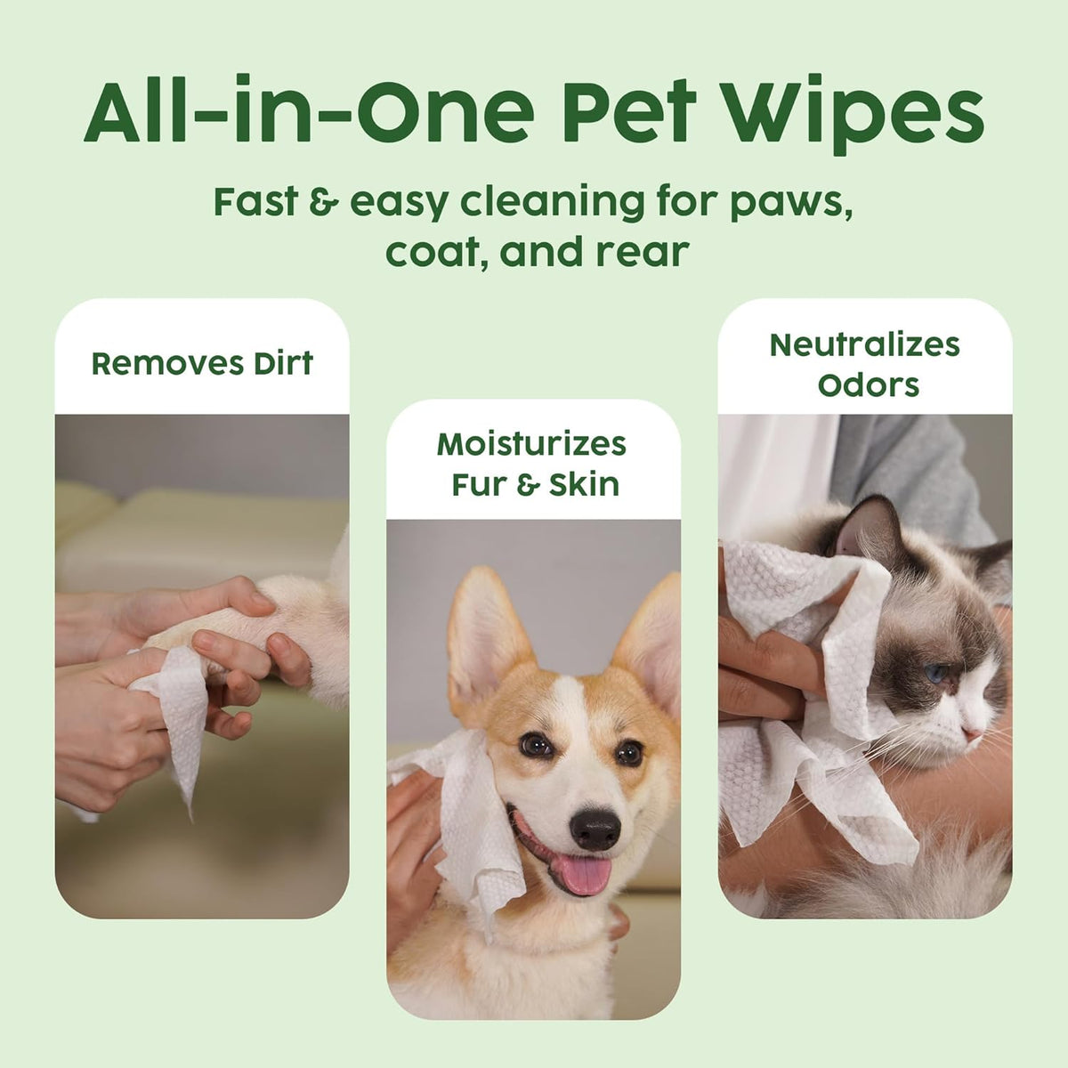 Unscented Pet Grooming Wipes - Natural Bamboo Fiber - Cleansing Wipes for Dog & Cat - Soft & Caring for Sensitive Skin - Durable & Tear Resistant for Paw, Coat & Bum Freshening - 100 Count