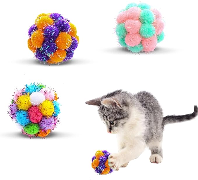 TUSATIY Cat Toys Ball with Bells 3PCS, Color Cat Pom Pom Balls,Tinsel Sparkle Balls,Interactive Toy for Indoor Cats Kitten