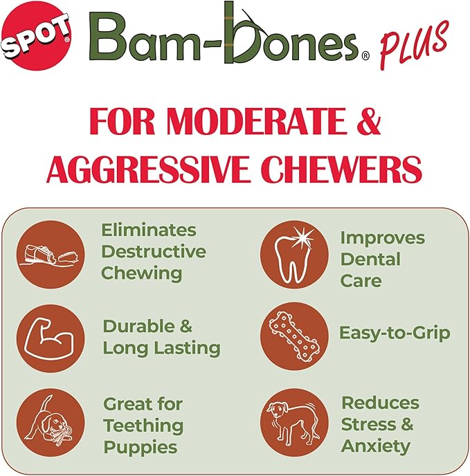 SPOT Bam-Bones Plus Branch -Bamboo Fiber & Nylon, Durable Long Lasting Dog Chew for Aggressive Chewers – Great Toy for Adult Dogs & Teething Puppies Under 90lbs, Non-Splintering, 9.5in, Beef Flavor
