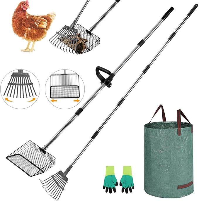 Chicken Poop Scooper Set - Adjustable Coop Scoop with Ergonomic Grip, Rake, Reusable Waste Bag & Gloves - Durable Sand Sifting Litter Shovel for Chicken Coops, Farms, Pet Waste