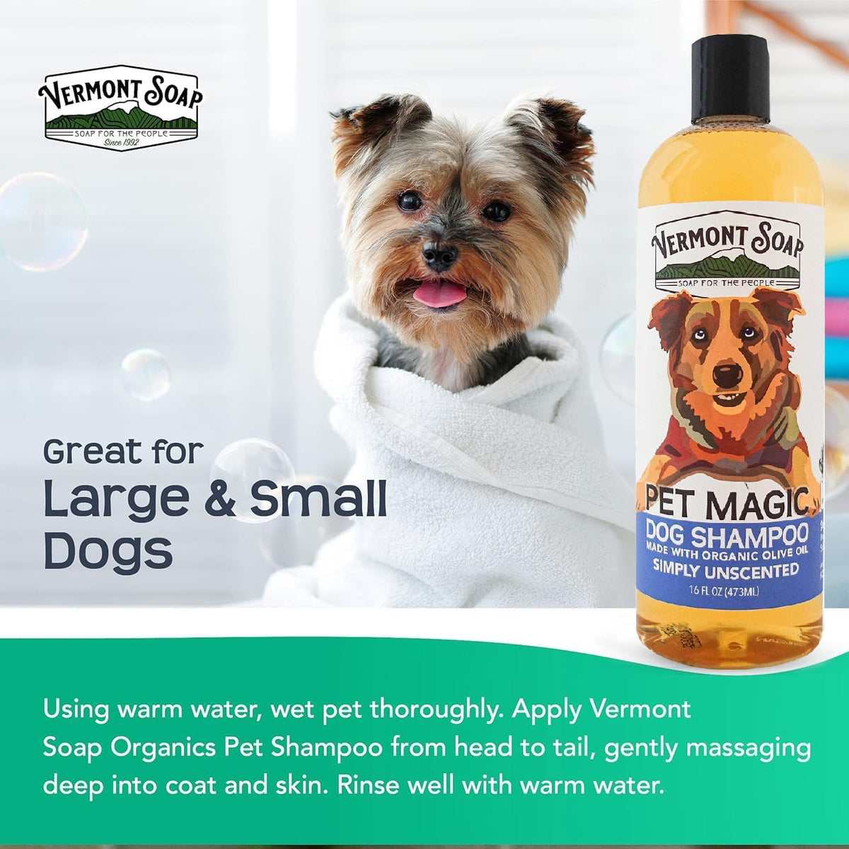 VERMONT SOAP Organics Pet Shampoo - Infused with Organic & Natural Olive Oil, Coconut & Aloe Vera Dog Shampoo for Sensitive Skin - USDA Certified Grooming Pet Shampoo - Unscented (16oz)