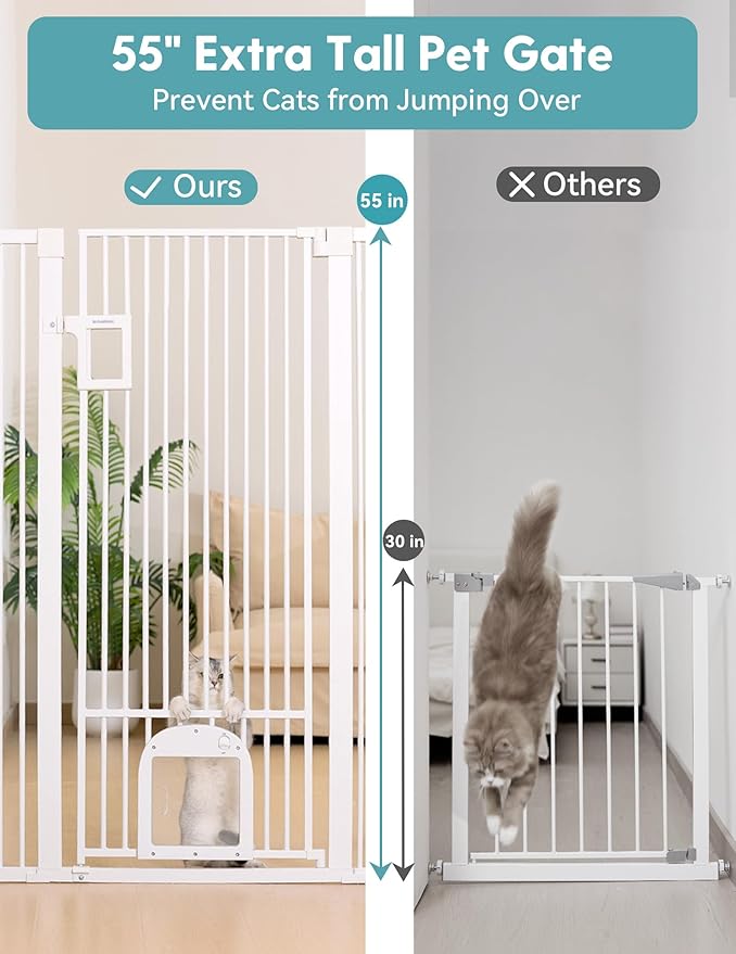 No Pawblems 55" Extra Tall Pet Gate with Adjustable Cat Door, 29-43" Auto Close Tall Dog Gate, NO Drilling Pressure Mounted for Doorways/Hallways, 1.37" Narrow Bar Spacing, White