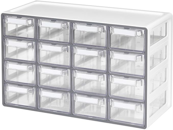 Blue Ginkgo Medium 16-Drawer Cabinet – Stackable Clear Organizer for Hardware, Beads, Plastic Bricks, Office, and Craft Storage (Made in Korea, Gray)
