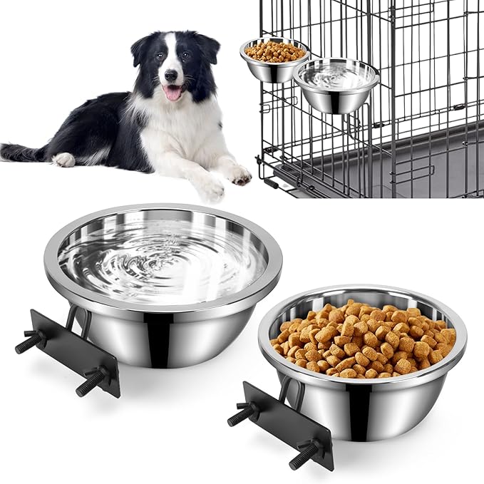 Dog Crate Bowls Hanging No Spill, 2 Pack 47oz & 56oz Crate Water Bowl Stainless Steel Kennel Food Bowl Water Dispenser Set Mountable Cage Accessories Metal Feeder Dish Coop Cup for Large & Medium Pet