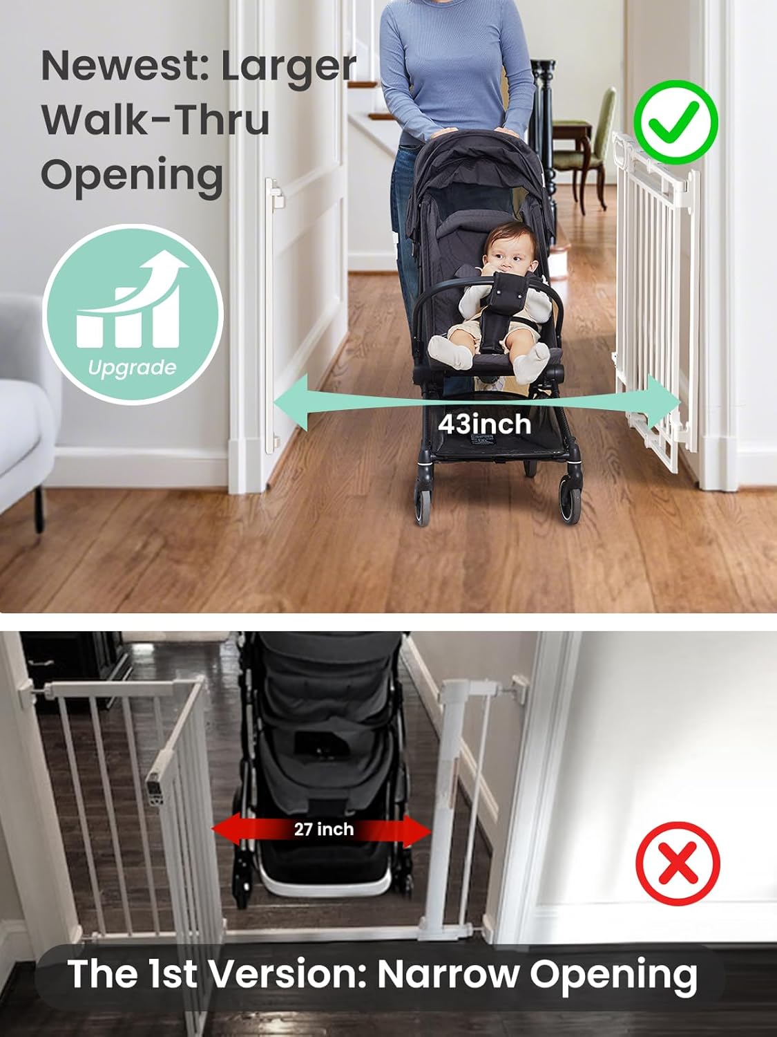Mom's Choice GROWNSY Baby Gate No Bottom Bar, Adjustable Width 26” to 36” for Child and Pet, Dog Gate with Auto-Close & One-Hand Operation, Screw-in Installation for Doorways and Indoor Use