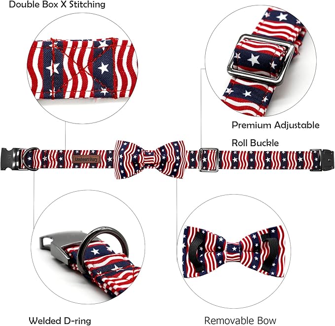 Lionheart glory American Flag Dog Collar, 4 of July Dog Bow Collar Heavy Duty Adjustable Patriotic Dog Collar with Bowtie for Small Dogs Pet Gift
