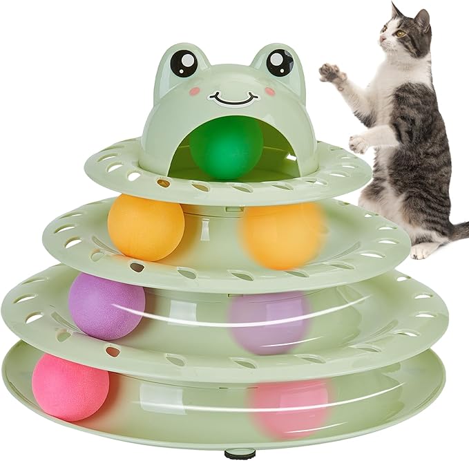 Gefryco Cat Toys 4-Tier Roller Track, Turntable Cat Tower Toy with Colorful Chase Balls, Multi-Level Interactive Cat Toys for Bored Indoor Adult Cats, Fun Puzzle Kitten Exercise Toys Self Play(Green)