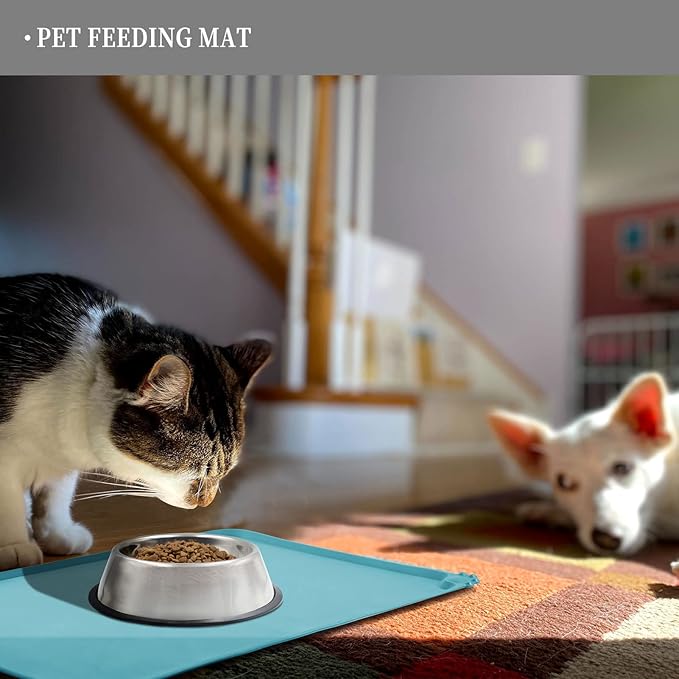 Waterproof Pet Feeding Mat with High Raised Edges, Heavier and Thicker Placemats for Cat Dog Water Bowl with BPA Free, Dogs Cats Food Mats for Messy Drinkers to Prevent Spill and Protect Floors