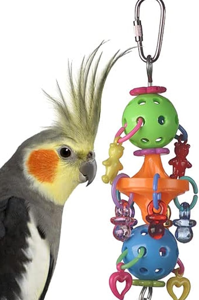 Super Bird Creations SB1083 Binky Bop Bird Toy - Engaging Enrichment Toy for Parrotlets, Parakeets, Cockatiels Toys, Small Plastic Bird Toys with Charms, Ideal for Medium Bird Size, 7.5" x 1.5"