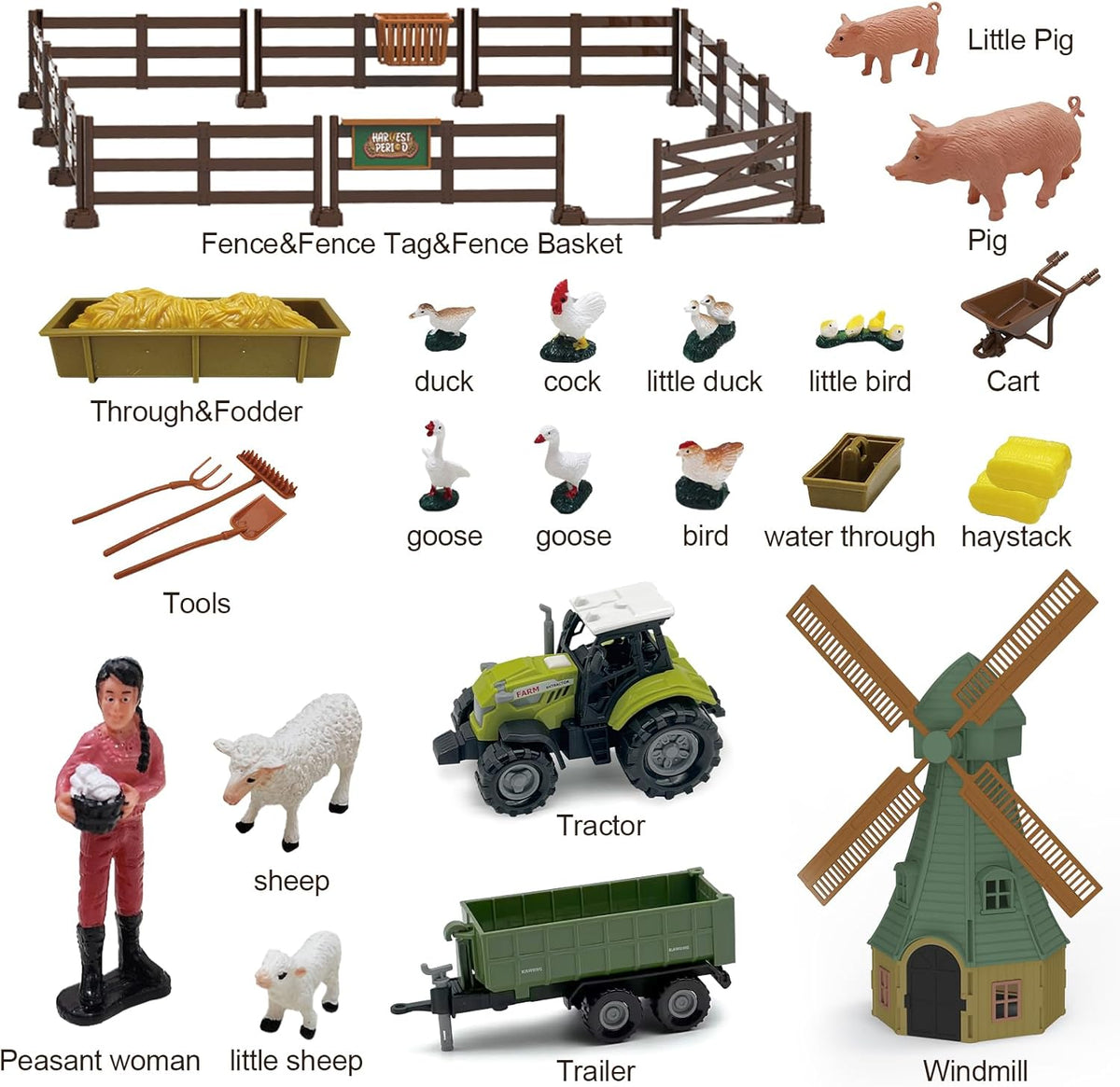82PCS Farm Animals Toys Set Comes with Tractor Trailer, Windmill, Farmer, Fence - Playset for Kids Toddlers Boys Girls 5+ Years Old