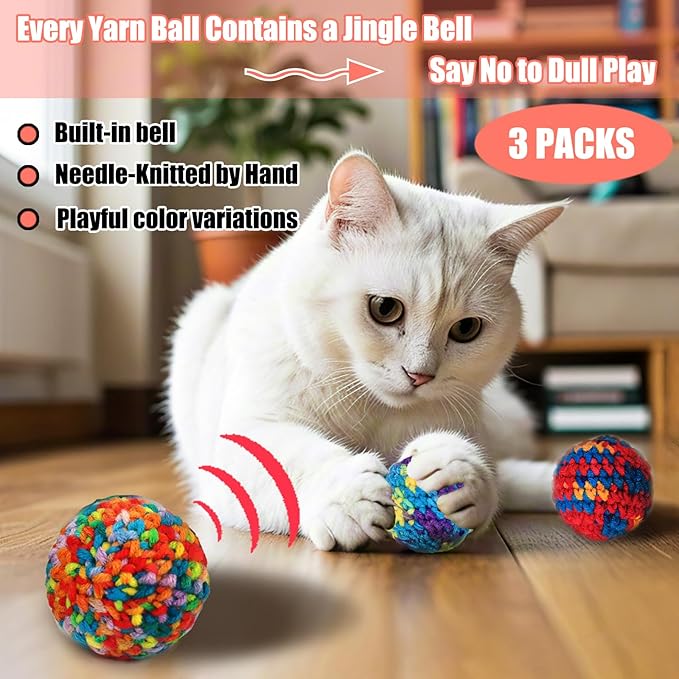 Cat Toys Balls 3 Jingle Bell Ball & 3 Soft Pom Pom Balls Interactive Kitten Toys for Hunting Kicking, Handmade Small 1.8” & Large 2.1” for Cats Kittens 6 Pack