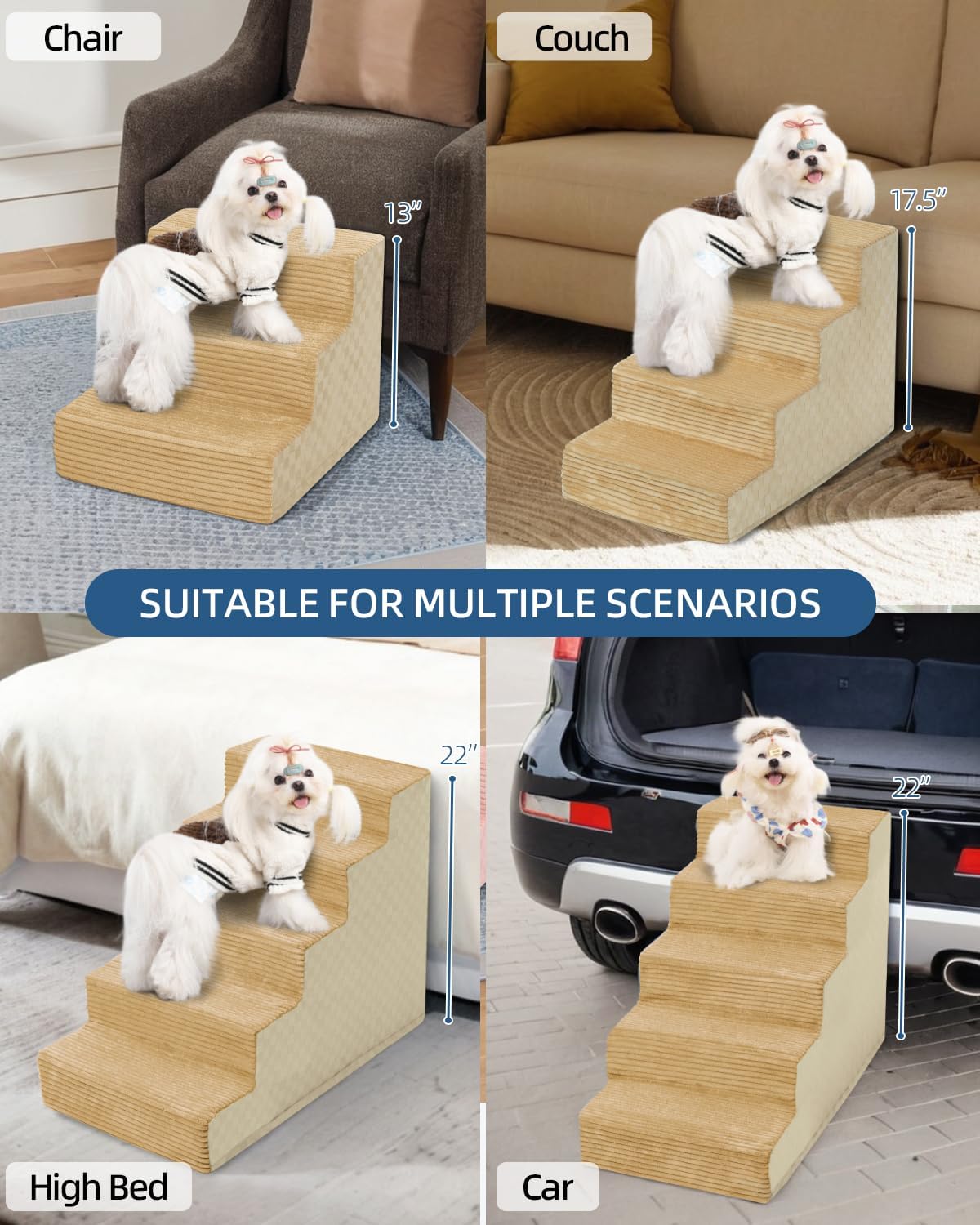Dog Stairs for Small Dogs,13" H,3-Step Dog Steps for Bed and Couch with High Density Foam,Non-Slip Pet Steps for Doggy and Cat,Pet Stairs with a Washable Cover,Khaki