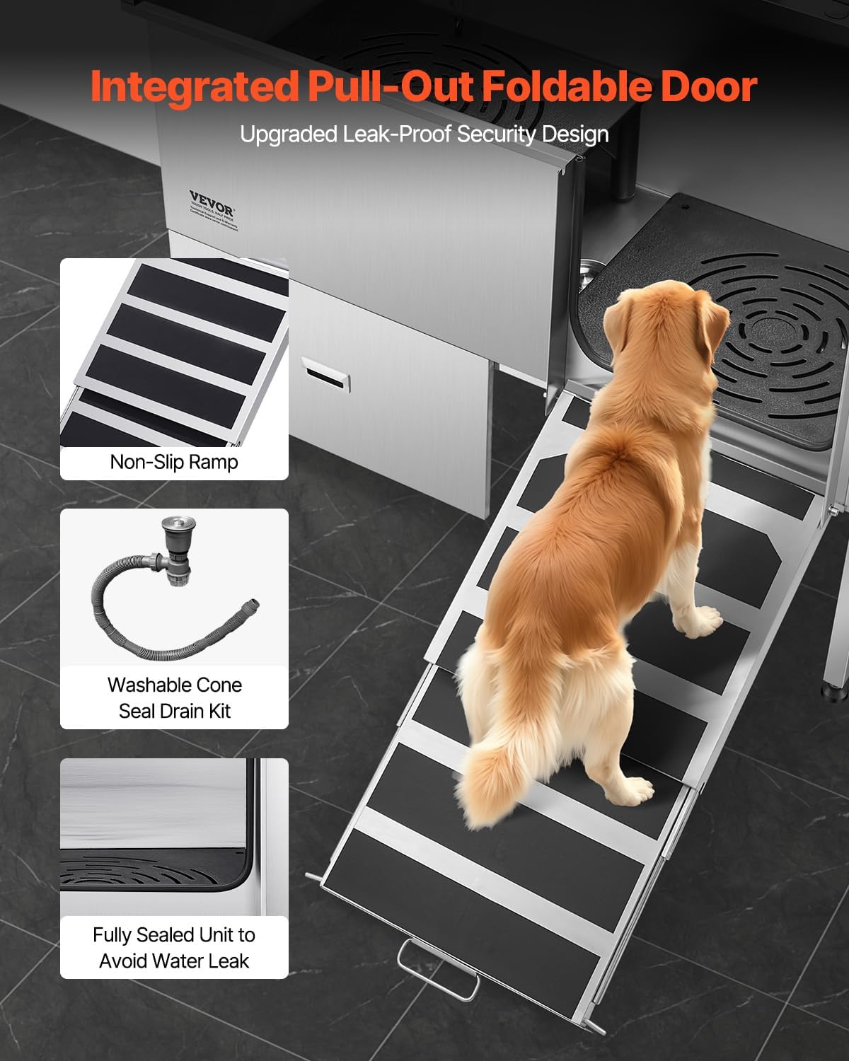 VEVOR Professional 304 Stainless Steel Dog Bathing Station, 61 inch Pet Grooming Tub w/Anti-Slip ramp, Storage Drawer, Cold Hot Faucet Showerhead for Large & Medium & Small (Right Door, with Drawer)