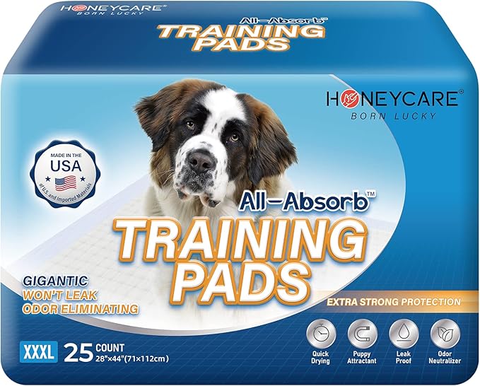 Honey Care All-Absorb 28"x44" Gigantic Dog and Puppy Training Pads, XXXL Dog Incontinence Training Pads, Made in The USA Dog Pee Pads(25 Count),White / Blue