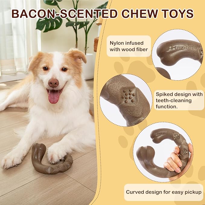 Tough Dog Toys for Aggressive Chewers, Bacon Scented & Curved Nylon Bone to Keep Them Busy, Durable Chew Toy for Medium & Large Breeds (25-80 lbs)