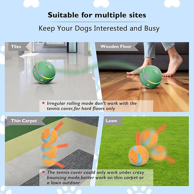 Dog Balls,The 3rd Generation Interactive Toys for Puppy/Small/Medium/Large Dogs,Improved Dog Rolling Effect Tennis Ball with Strap, Tough Motion Activated Automatic Moving Dog Toys (Green)