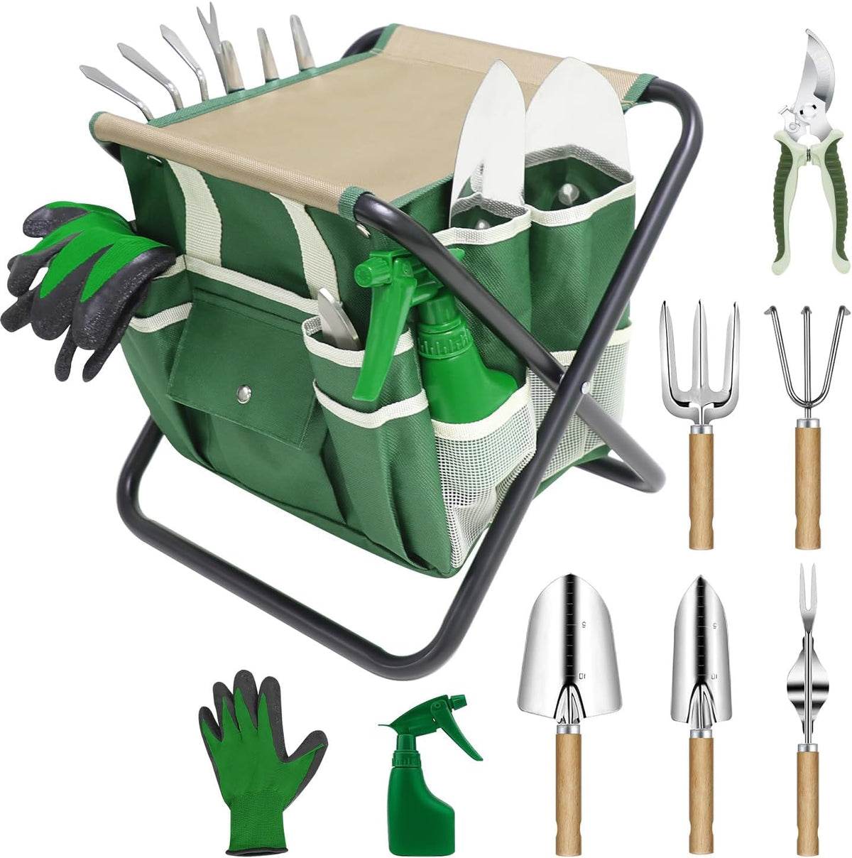 Garden Tool Set, 10 Piece Kit with Heavy Duty Folding Stool, Detachable Storage Tote Bag, Stainless Steel Tools, Gifts for Women Men Green