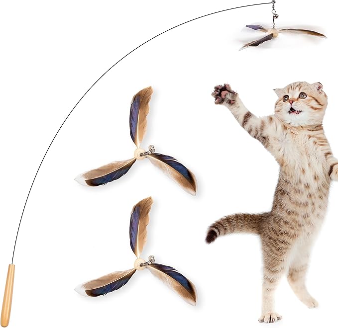 JXFUKAL Cat Wand Toys, Interactive Cat Toys with 3 Feather Refills, 29'' Flexible Steel Wire, Sturdy Wood Handle & Bell for Kitty Kitten, Cat Toys for Indoor Cats Teaser Cat String Toy