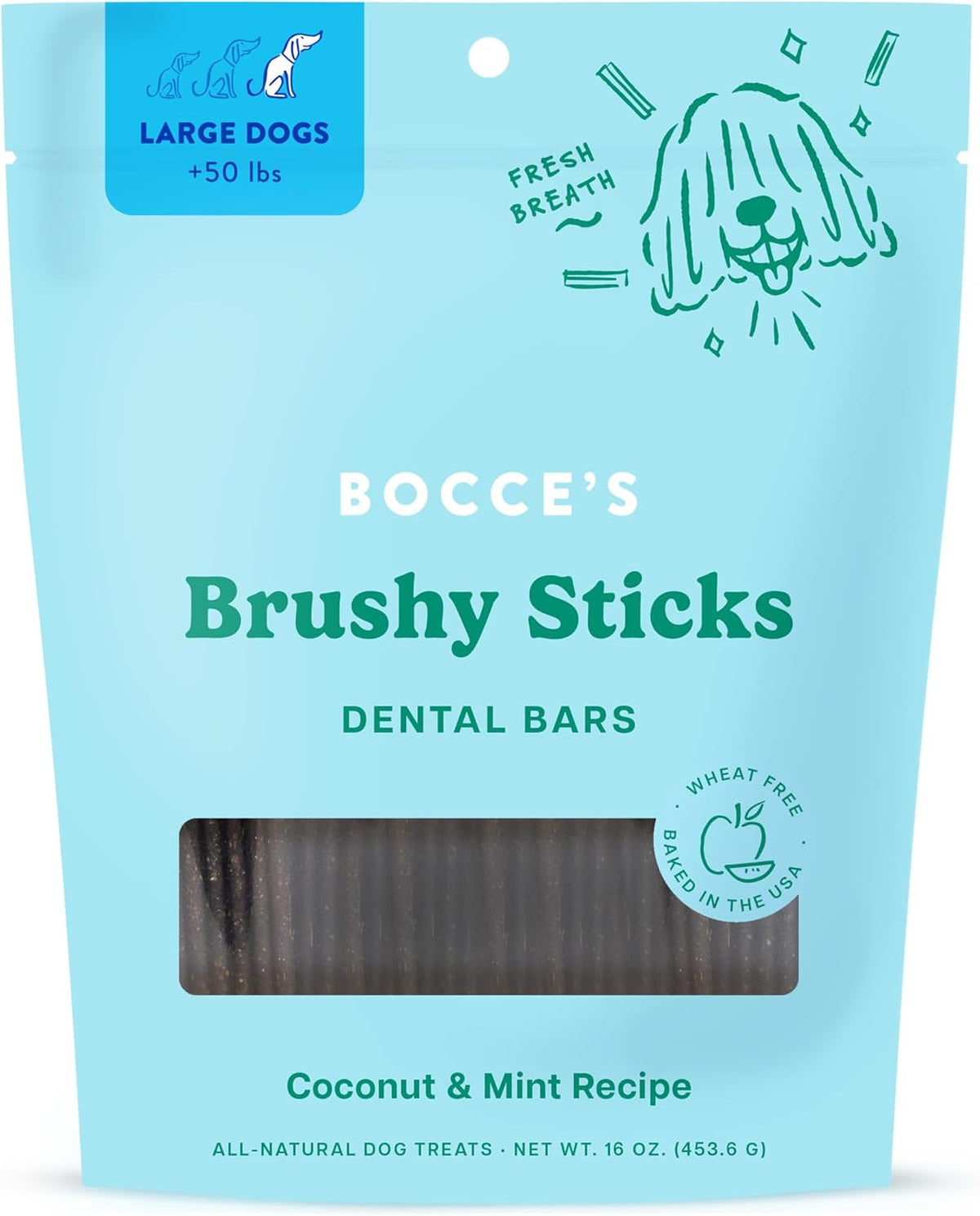 Bocce’s Bakery Dailies Brushy Sticks to Support Oral Health & Fresh Breath, Wheat-Free Dental Bars for Dogs, Made with Real Ingredients, Baked in the USA, All-Natural Coconut & Mint Recipe, Large Dogs
