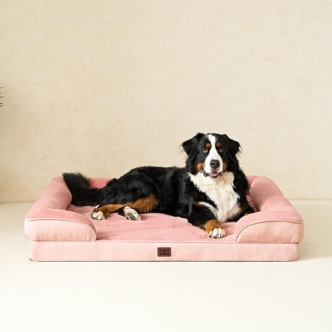 EHEYCIGA Orthopedic Dog Beds for Extra Large Dogs, Waterproof Memory Foam XXL Dog Bed with Sides, Non-Slip Bottom and Egg-Crate Foam Big Pet Couch Bed with Washable Removable Cover, Dusty Pink