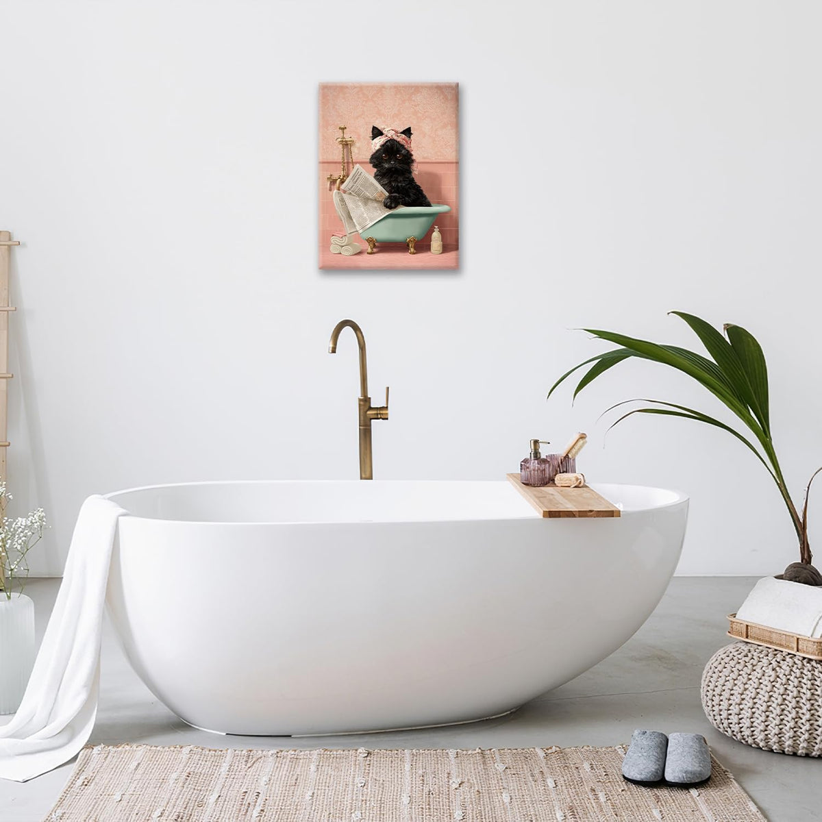 Cat Bathroom Wall Decor Black Cat Reading Newspaper in Bathtub Canvas Wall Art Funny Bathroom Pictures Kitten Painting Print Pink Artwork Framed Decorations Gifts 24"x20"