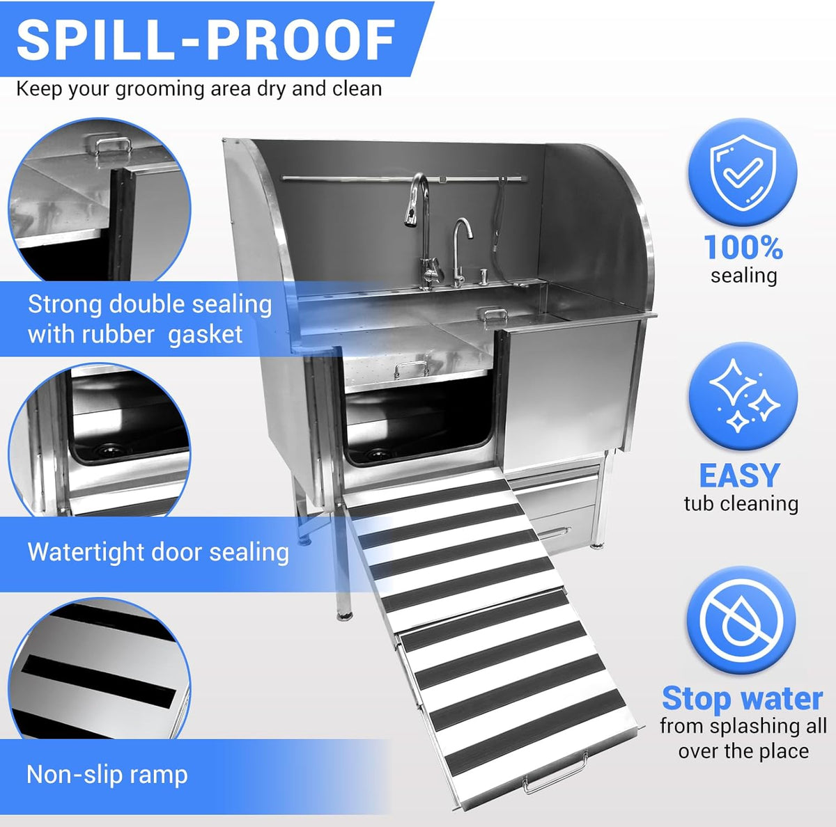 Professional Dog Grooming Tub, 62" Stainless Steel Dog Wash Station with Foldable Ramp, Storage Drawer, Floor Grate & Faucet/Dog Bathtub for Large, Medium & Small Pets - Left Door (62")