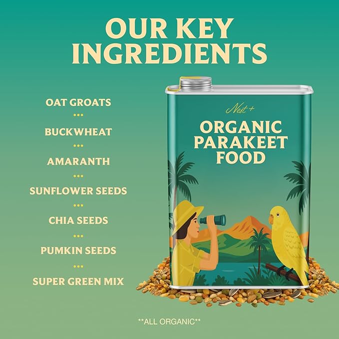 100% Organic Parakeet Food – Premium Bird Seed Mix with Oat Groats, Buckwheat, Amaranth, Super Veggies & Seeds – Reusable Tin + Stainless-Steel Scooper – Made in USA, Human Grade Ingredients (2lb)