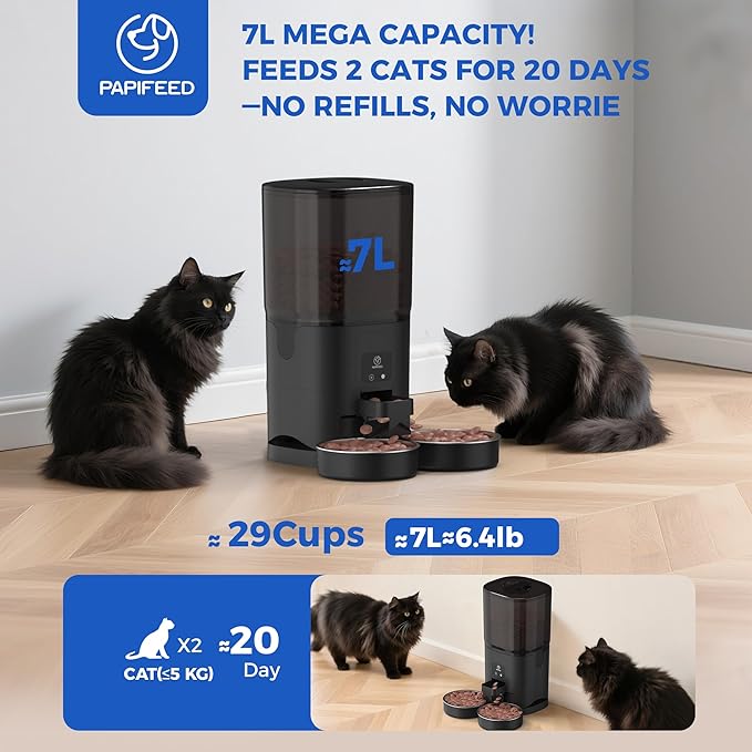 PAPIFEED 7L Automatic Cat Feeder for 2 Cats - 2.4G WiFi Timed Auto Feeder with APP Control, Cat Food Dispenser with Alexa for Multiple Cats, Detachable for Easy Clean, 1-10 Meals Per Day - Black