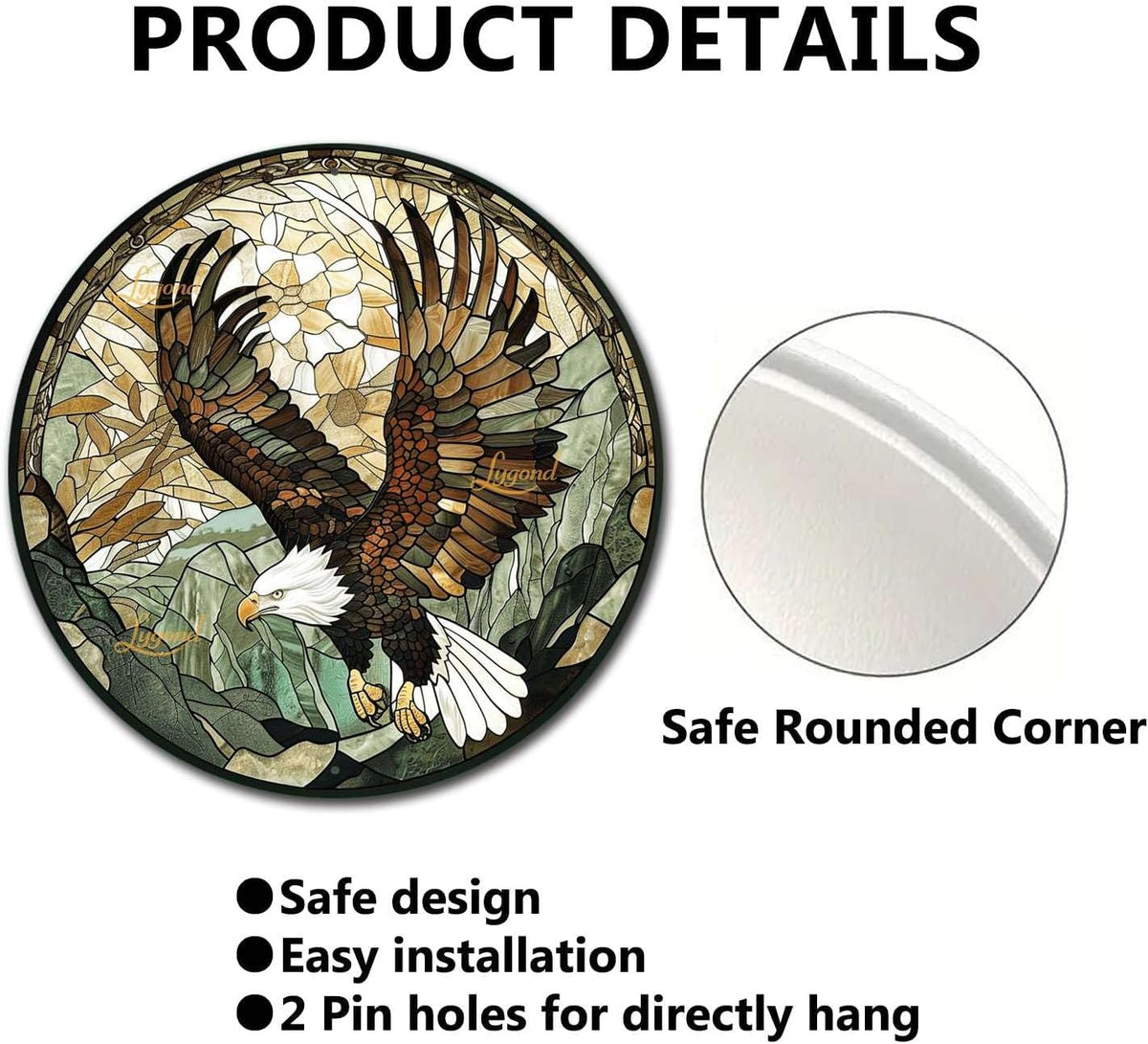 Lygond Metal Sign Tin Sign Circular Stained Glass American Bald Eagle Bar Signs for Home Bar for Club 12×12 Inches