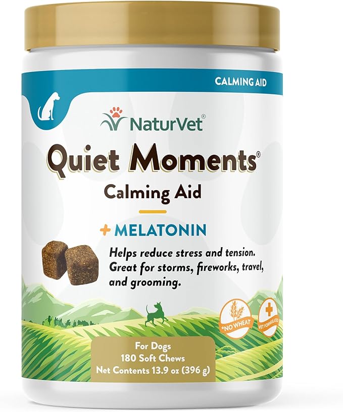 NaturVet Quiet Moments Calming Dog Supplement, Dog Soft Chews with Melatonin to Help Reduce Stress from Storms, the Vet, Fireworks, and Travel, Bacon and Chicken Flavored Pet Supplement, 180 Count Jar