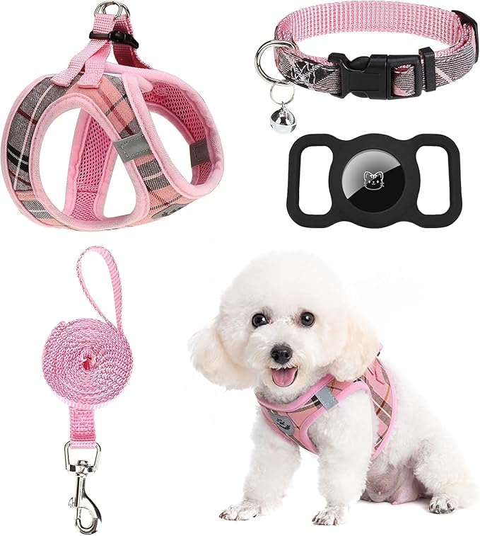 EXPAWLORER Classic Plaid Puppy Harness - Small Dog Harness and Leash Set - Dog Collar and Leash Set with AirTag Holder, Soft Padded Step in Dog Vest Harness No Pull Reflective for Outdoor, Pink XS